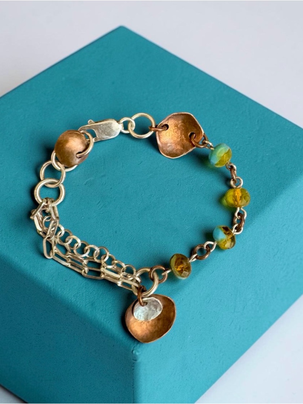 Sterling Silver & Copper Bracelet with Blue/Olive Green Beads, 92.5
